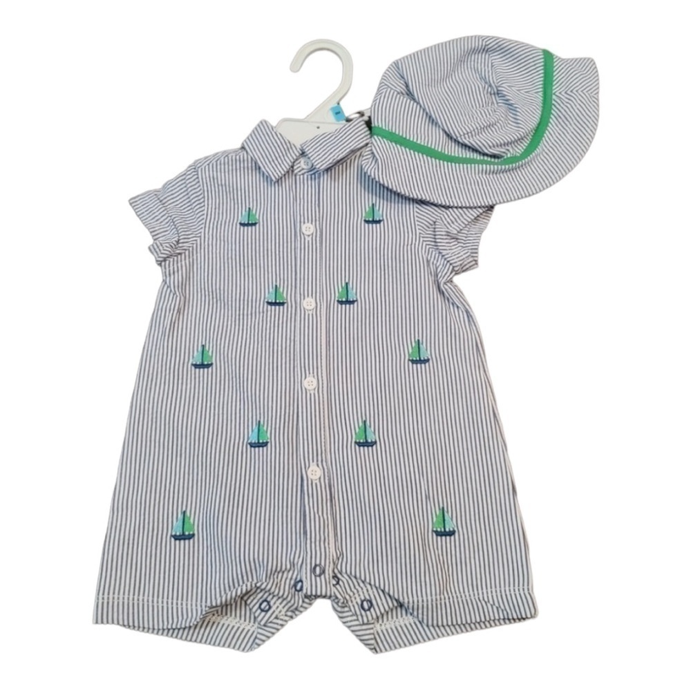 LITTLE Me Blue Striped Embroidered Sailboat Romper With Hat Size 6m